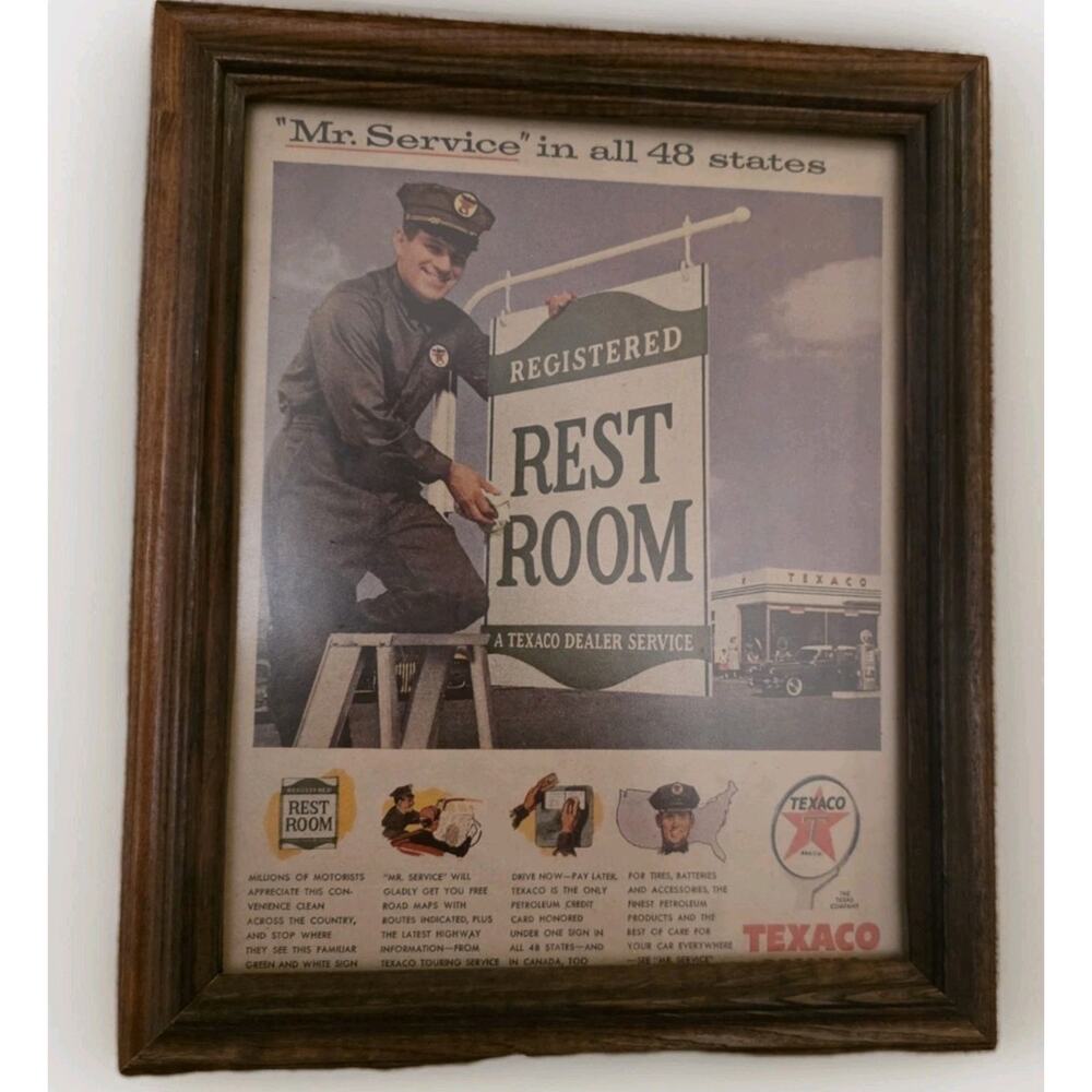 Vintage 1956 Texaco Oil Rest Room Print Ad Mr. Service Gas Station Framed